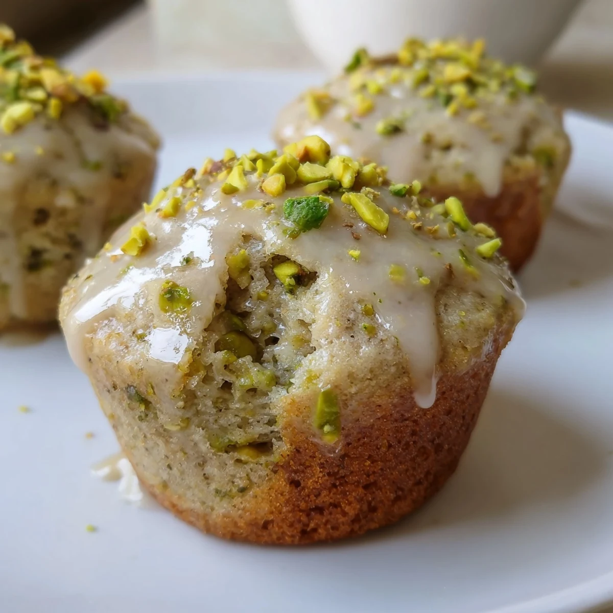 A close-up of pistachio muffins with moist crumb and drizzled glaze, garnished with chopped pistachios.