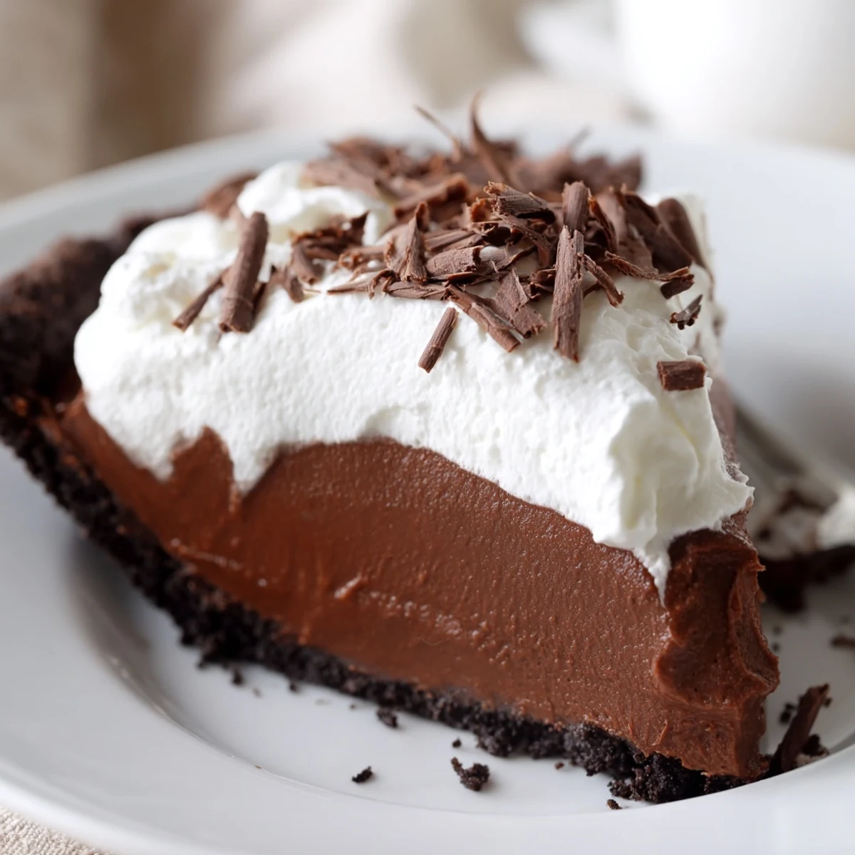 Silky chocolate silk pie with clouds of fresh whipped cream on a crisp cookie crust, perfect for dessert.  