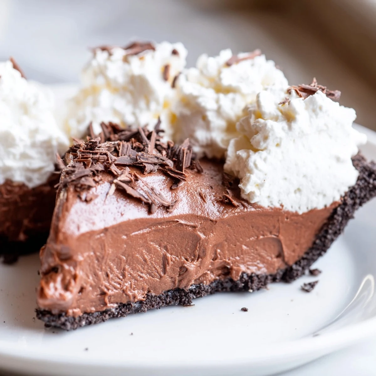 Freshly whipped cream and chocolate shavings garnish a chilled slice of homemade chocolate silk pie.  