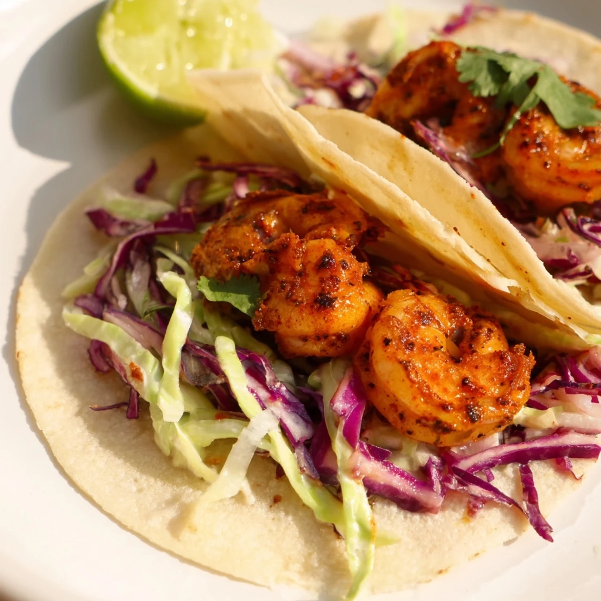 Spicy grilled shrimp nestled in warm corn tortillas, topped with crisp, creamy cabbage slaw and fresh cilantro for a vibrant bite.