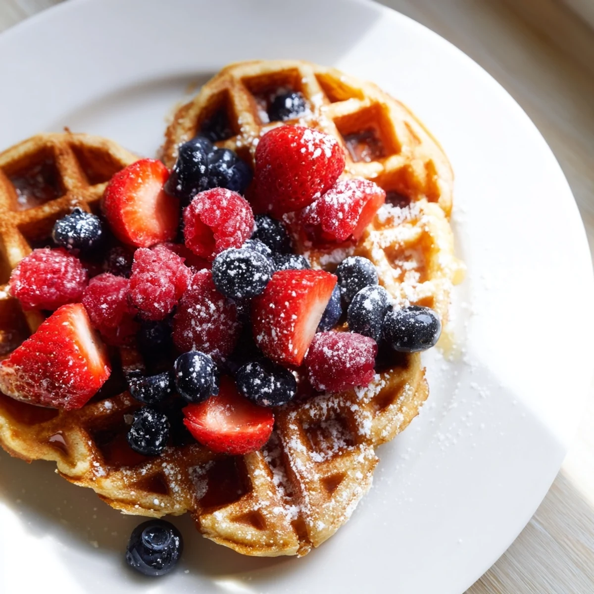 A close-up of heart-shaped waffles piled with juicy mixed berries and maple syrup drizzle on a brunch plate.