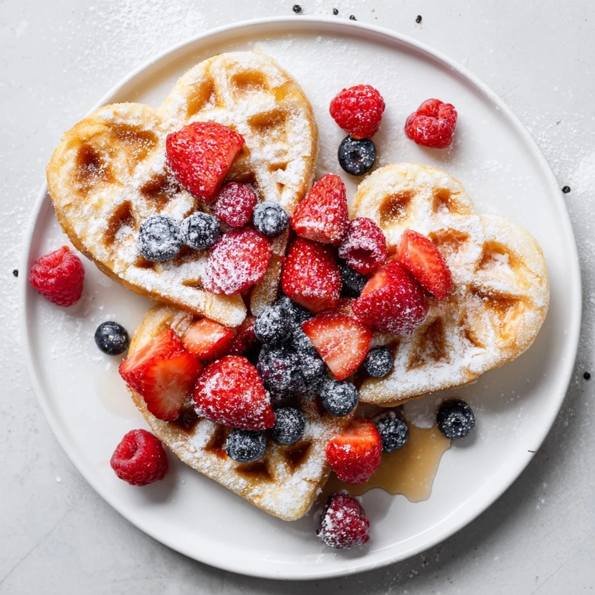 Golden, fluffy heart-shaped waffles topped with fresh berries and a dusting of powdered sugar for a romantic breakfast.