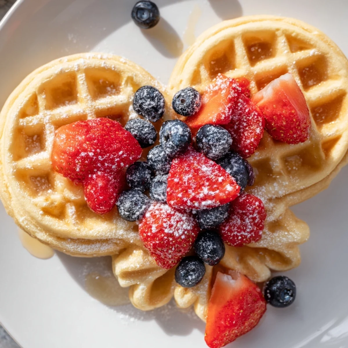 Delicious homemade heart-shaped waffles with strawberries, blueberries, and raspberries, served warm for a sweet morning treat.