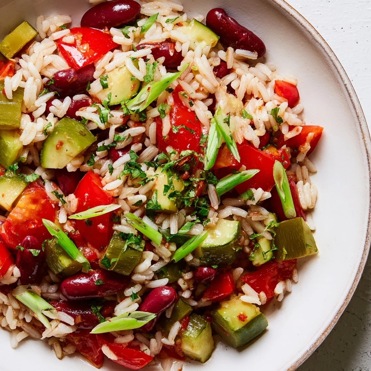 A close-up of a steaming bowl of Vegetable Jambalaya with Kidney Beans, featuring vibrant red bell peppers and fresh green onions garnishing the hearty Creole rice dish. 