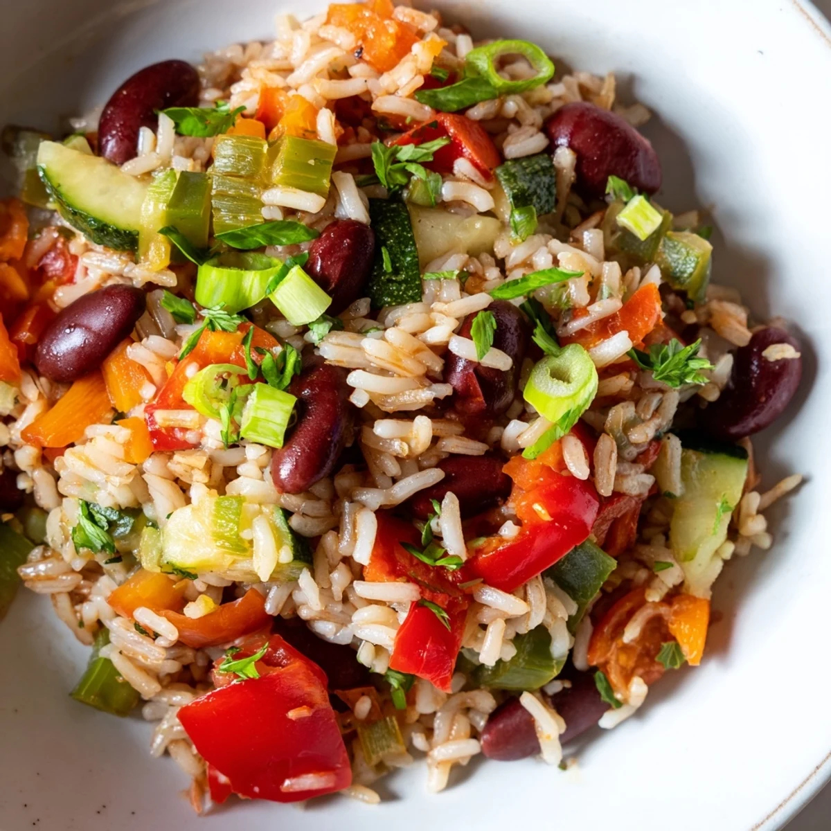 Hearty Vegetable Jambalaya with Kidney Beans simmered in a pot with diced zucchini and cherry tomatoes, exuding a spicy, smoky aroma. 