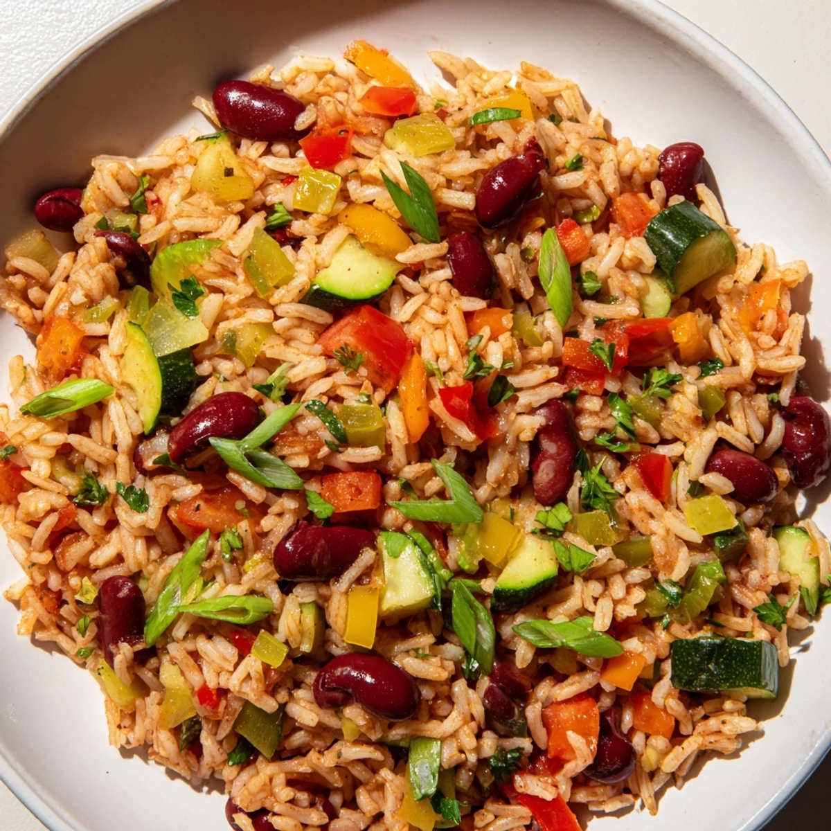 Colorful Vegetable Jambalaya with Kidney Beans served in a rustic bowl, garnished with lemon wedges and parsley, ready to be enjoyed.