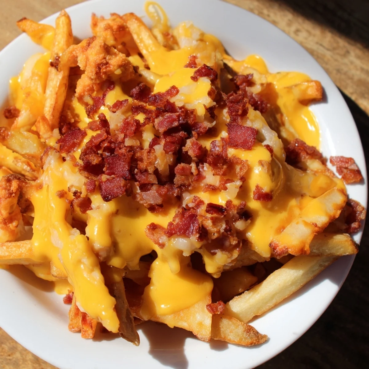 Crispy baked fries smothered in melted cheddar and topped with chopped turkey bacon bits, served hot from the oven.