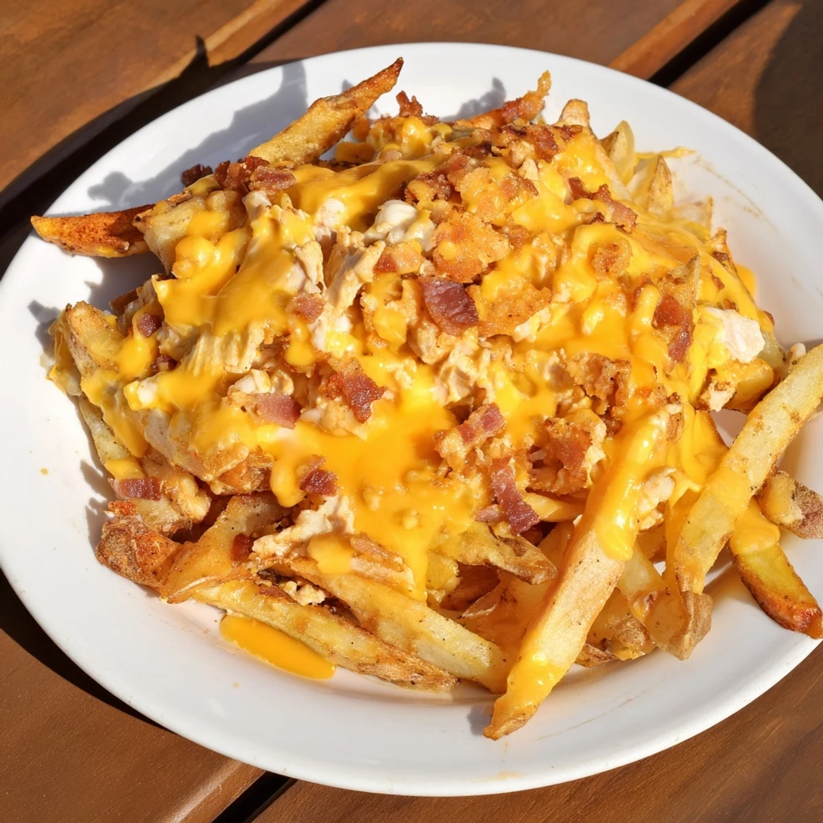Cheesy fries with turkey bacon bits on a plate, drizzled with optional sour cream for a cool, creamy dip.