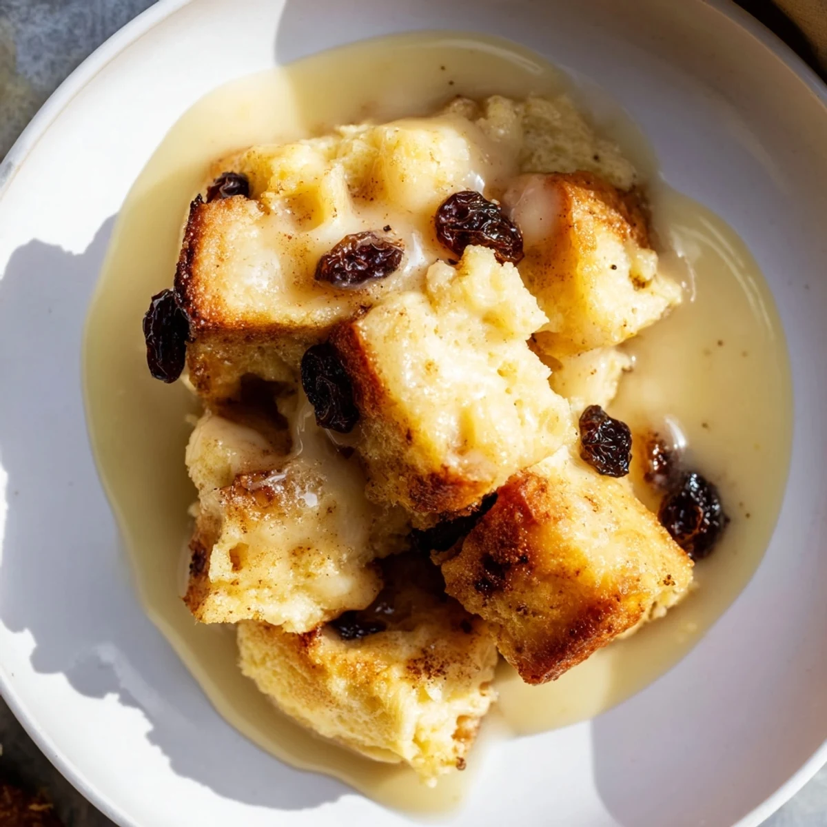 Homemade American bread pudding dessert, featuring soft custard-soaked cubes and creamy vanilla sauce ready to serve.  