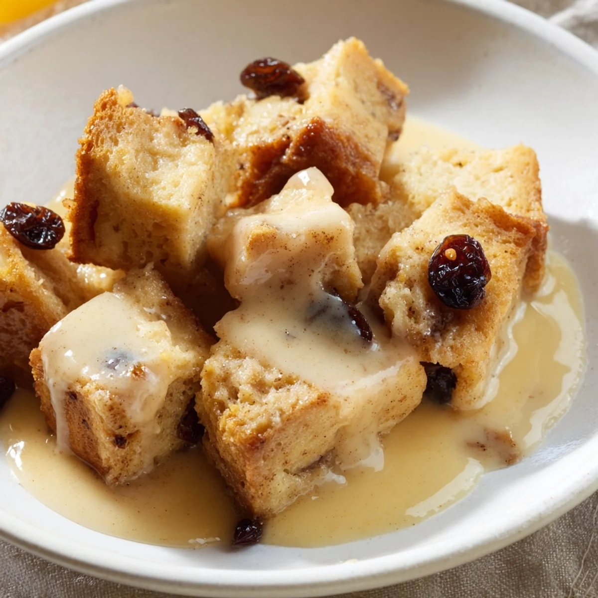Golden brown bread pudding with raisins, served warm with luscious vanilla sauce for a comforting family dessert.