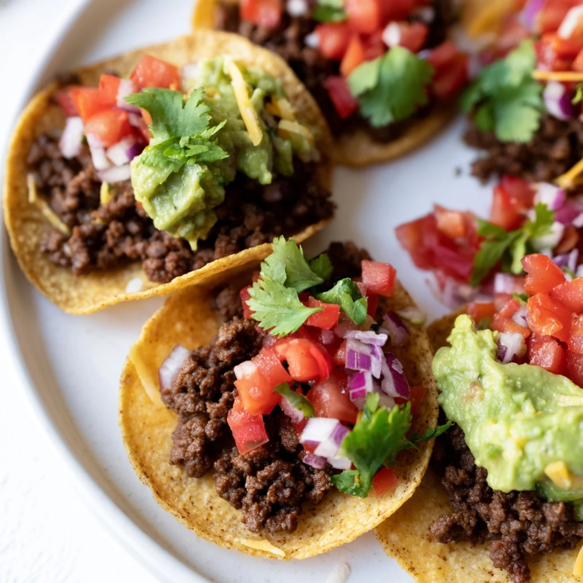 Golden-brown Mini Tacos with Salsa and Guacamole are perfectly arranged, showcasing seasoned beef filling and fresh toppings.