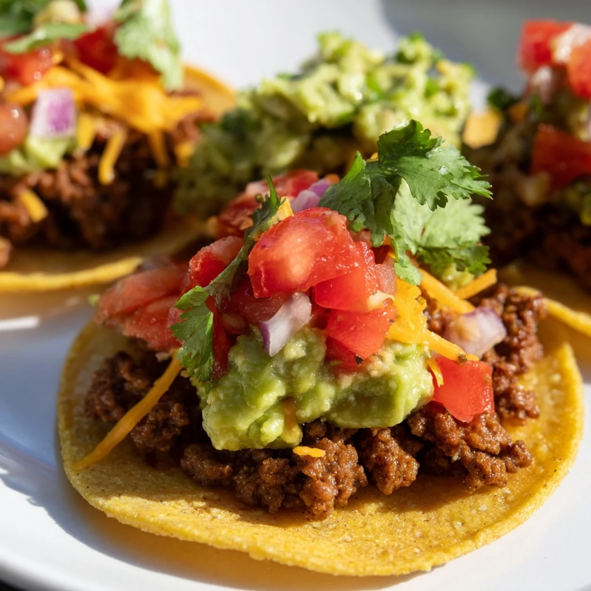 Warm Mini Tacos with Salsa and Guacamole are topped with creamy guacamole, vibrant salsa, and melted cheese on a wooden board.