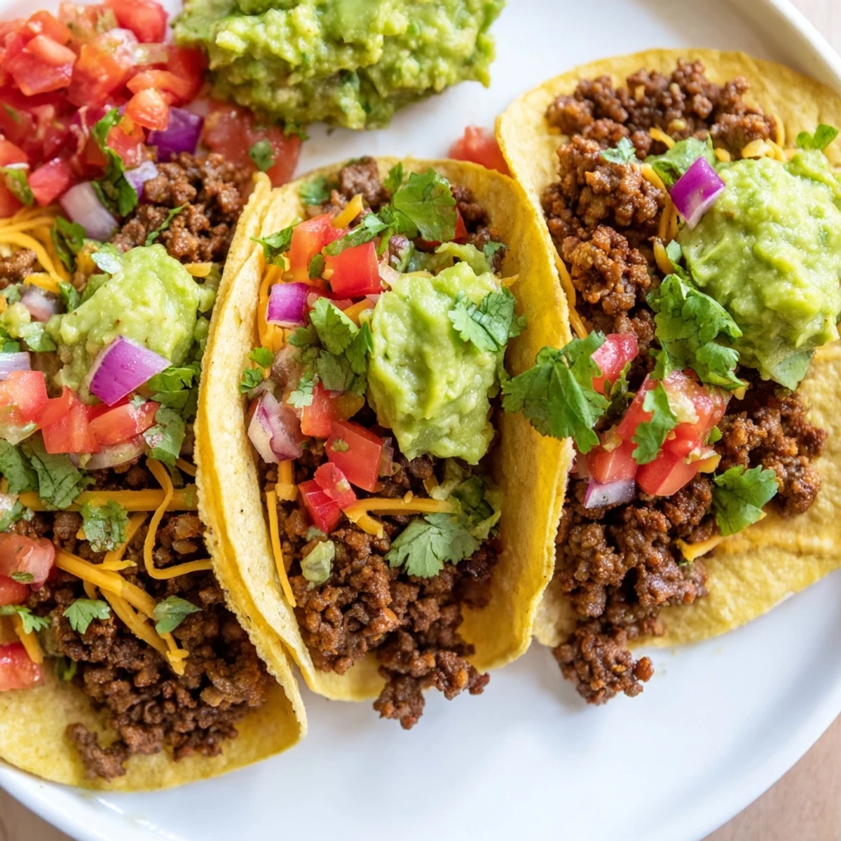 A close-up of Mini Tacos with Salsa and Guacamole highlights the juicy beef, diced tomatoes, and fresh cilantro garnish.