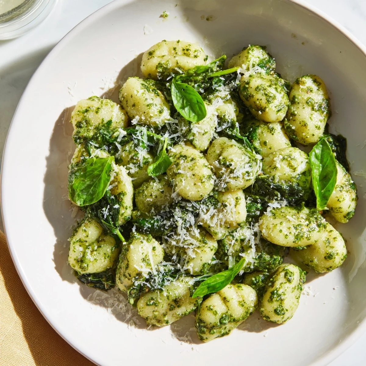 Steaming Pesto Gnocchi with Spinach and Parmesan served in a white ceramic bowl, garnished with fresh basil and extra grated cheese.