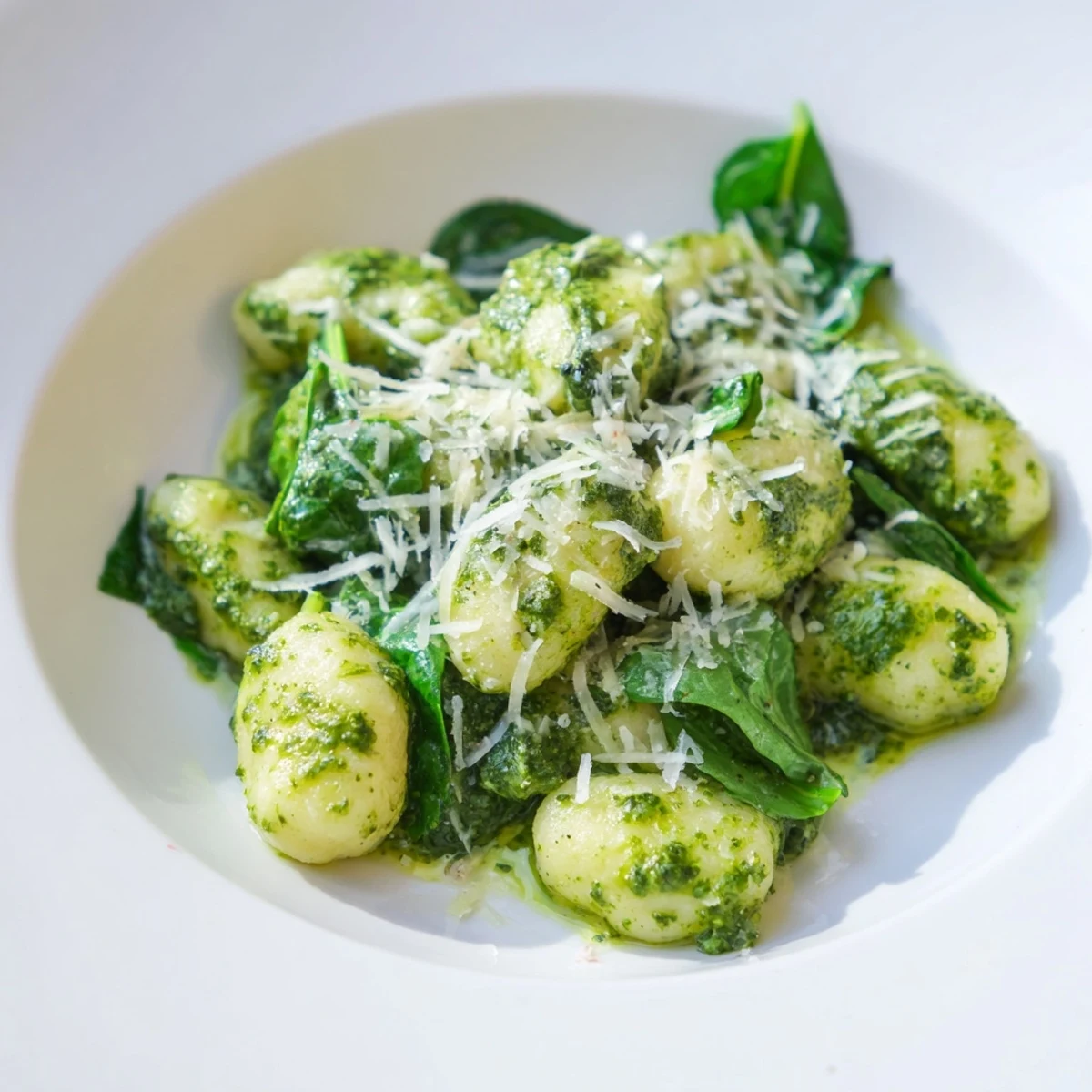 A close-up of vibrant Pesto Gnocchi with Spinach and Parmesan featuring tender potato dumplings coated in green basil sauce.