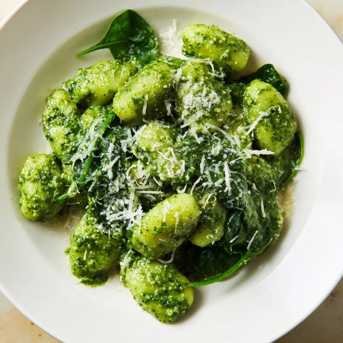 Easy weeknight dinner: Pesto Gnocchi with Spinach and Parmesan plated next to a fork and glass of white wine.