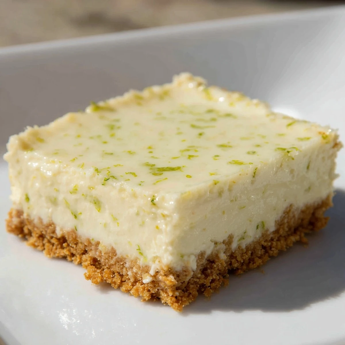Freshly baked Lime Bars with Graham Cracker Crust on a plate, showcasing a bright yellow filling and golden, buttery base.