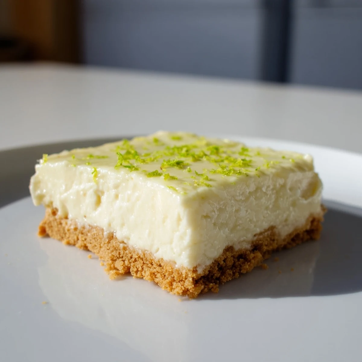 A close-up of Lime Bars with Graham Cracker Crust, featuring a dollop of whipped cream and zesty lime garnish.