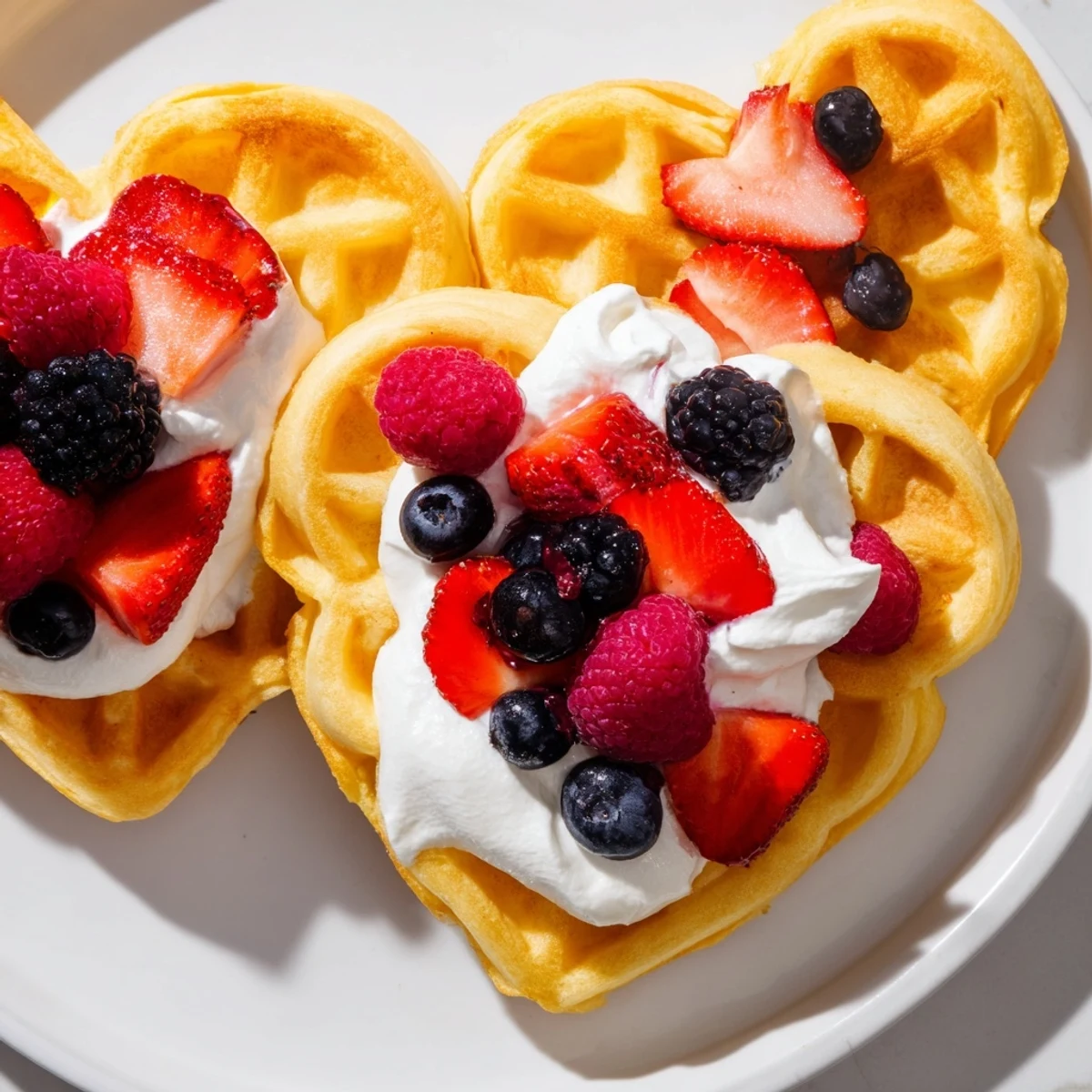 Golden-brown Heart Shaped Waffles with Berries and Cream, topped with fresh strawberries and blueberries.