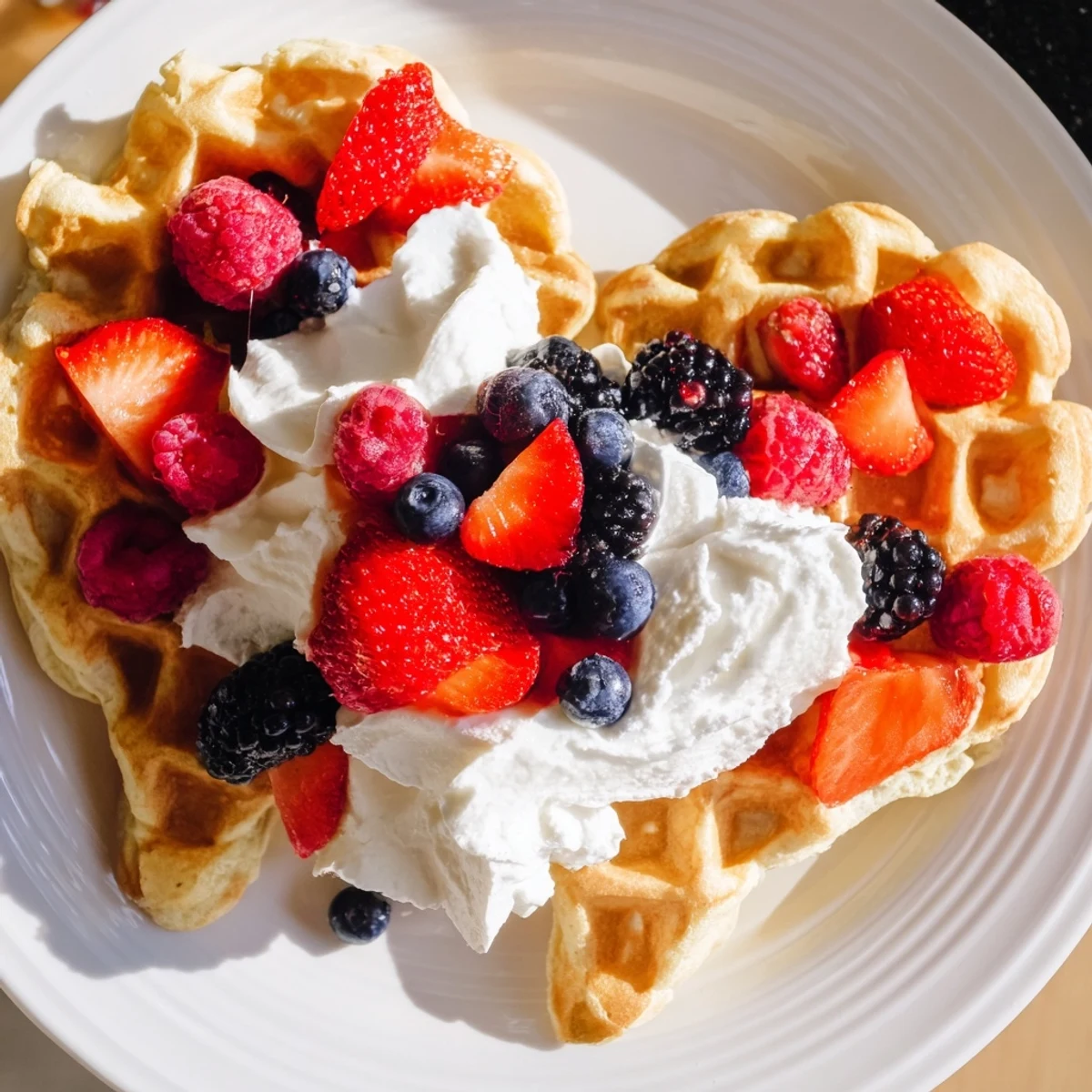 A close-up of Heart Shaped Waffles with Berries and Cream, with fluffy whipped cream and maple syrup.