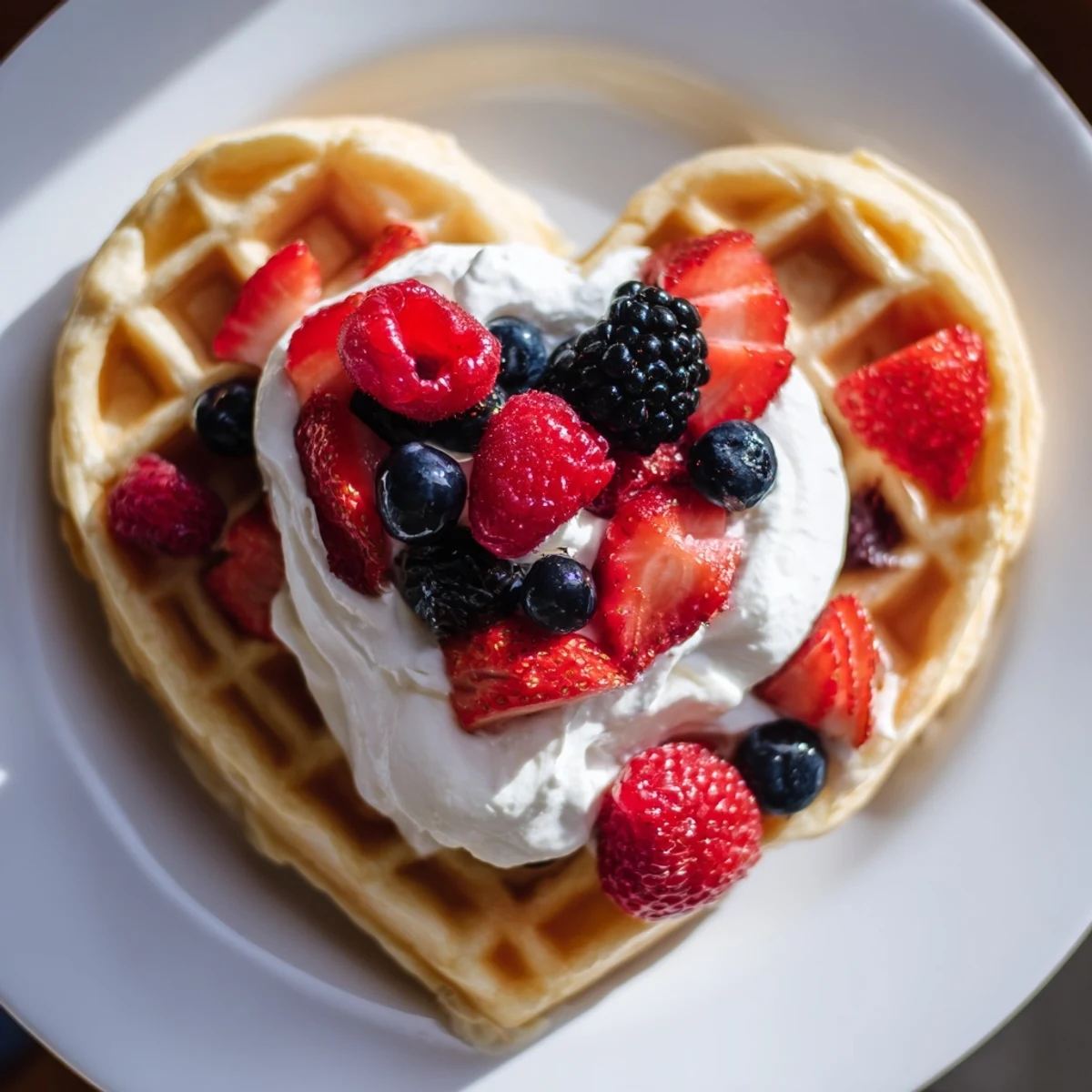 Freshly made Heart Shaped Waffles with Berries and Cream served warm for a romantic breakfast.