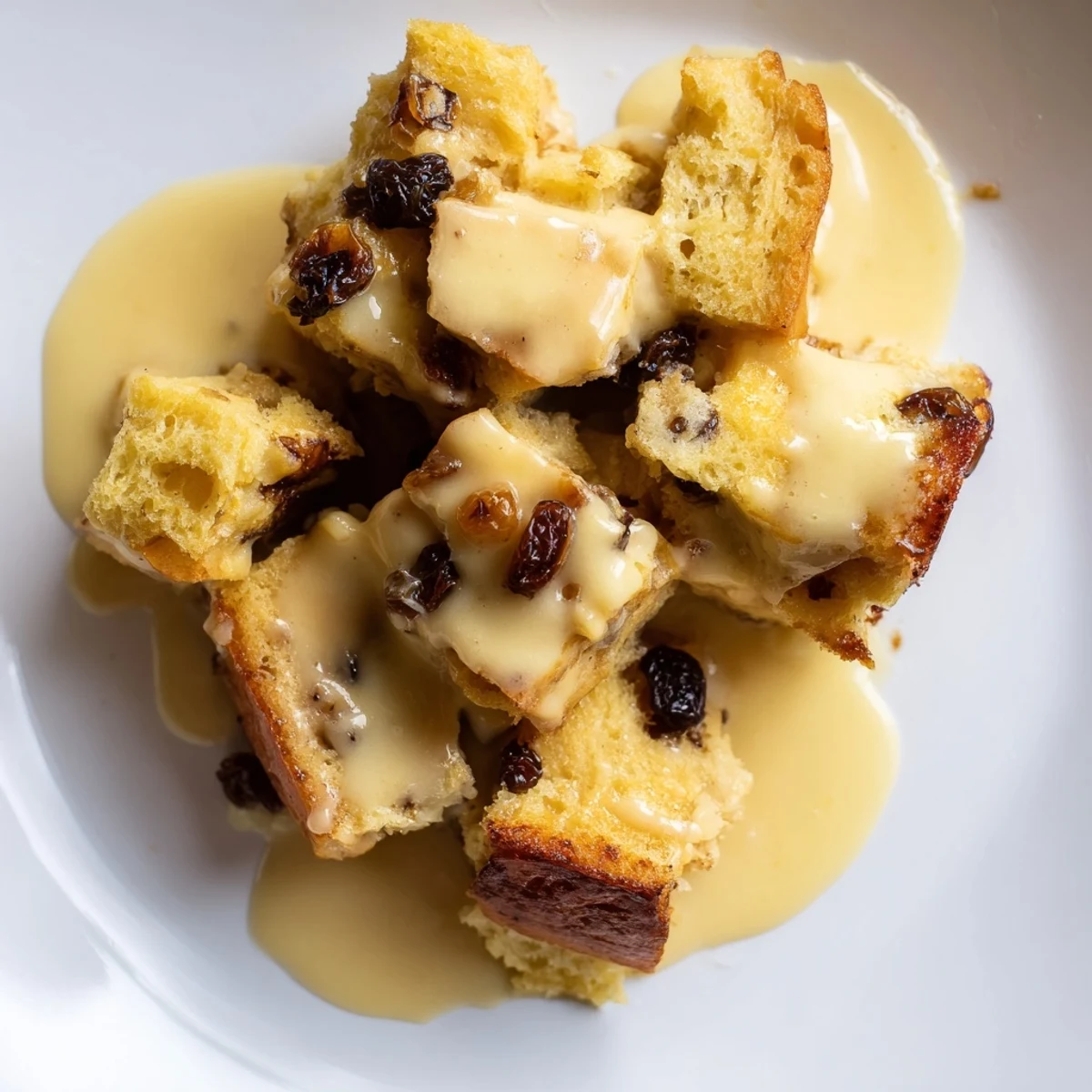 Freshly baked Bread Pudding with Warm Vanilla Sauce sits golden brown in a white ceramic dish, with a silver spoon resting on the side.