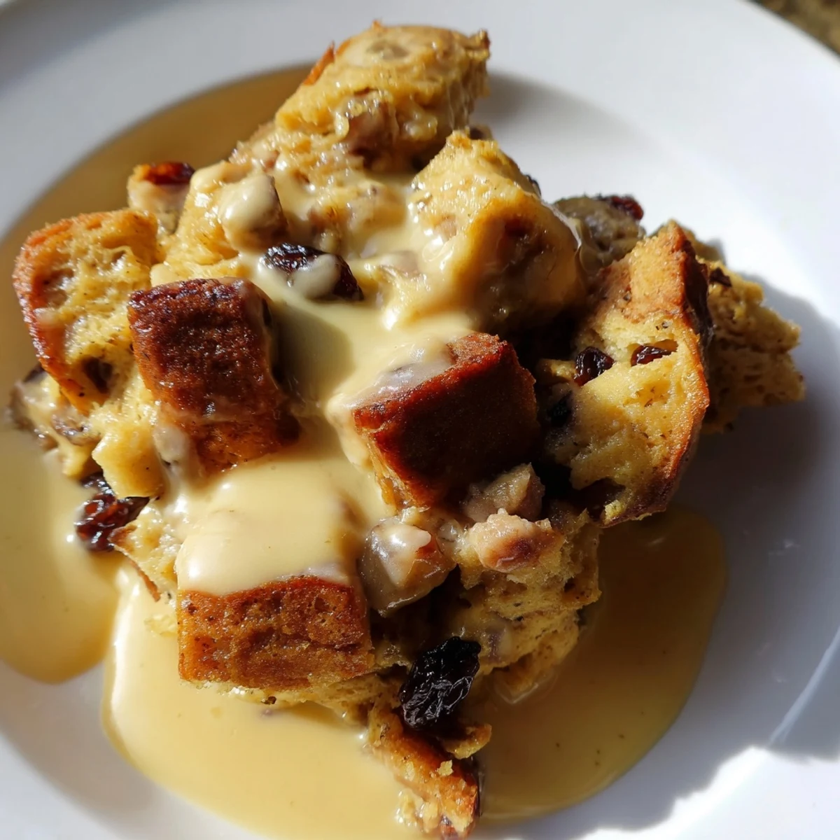A close-up view of Bread Pudding with Warm Vanilla Sauce drizzled over rich, creamy custard-soaked bread cubes in a rustic baking pan.