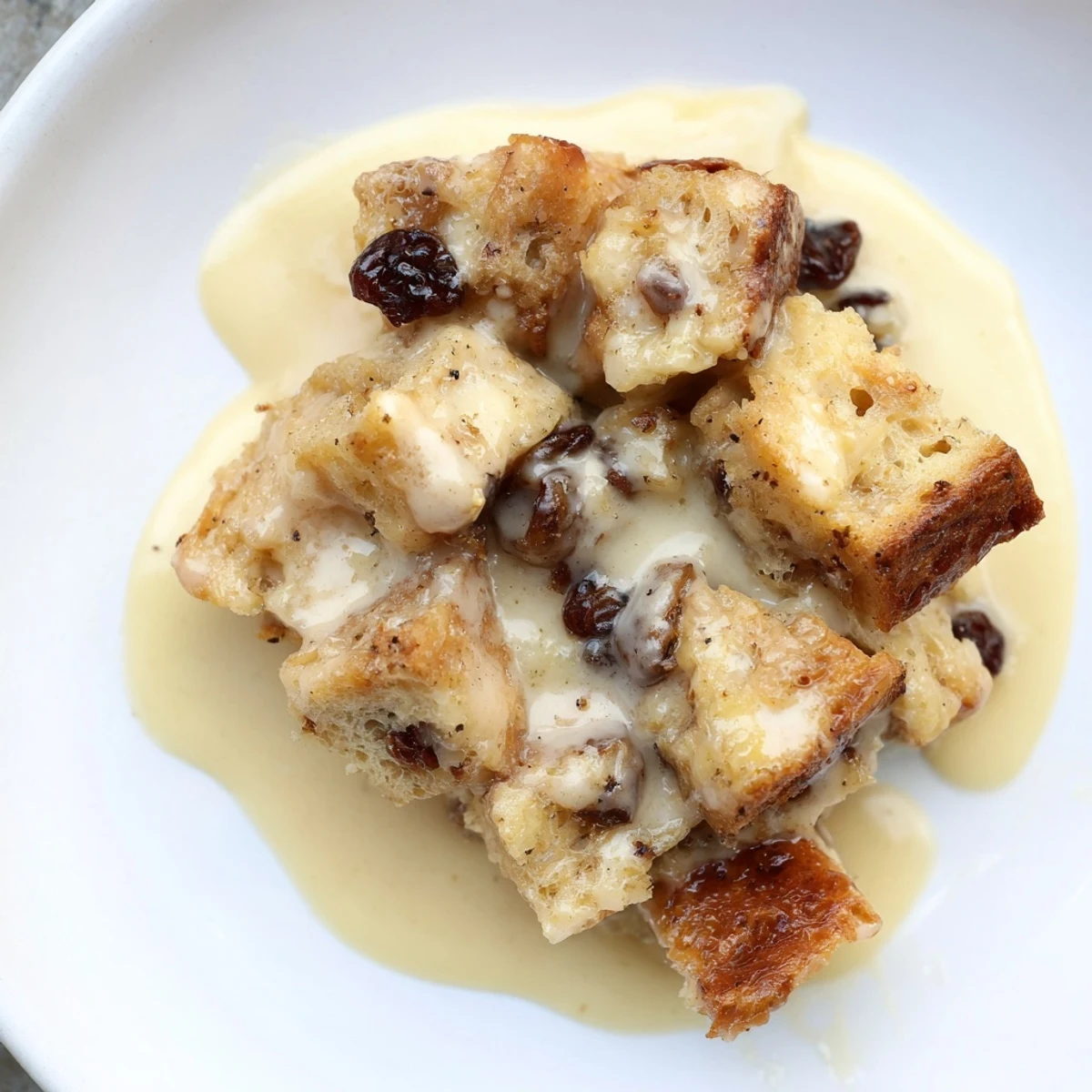 A slice of warm Bread Pudding on a plate, smothered in sweet vanilla sauce, ready to be enjoyed for dessert.