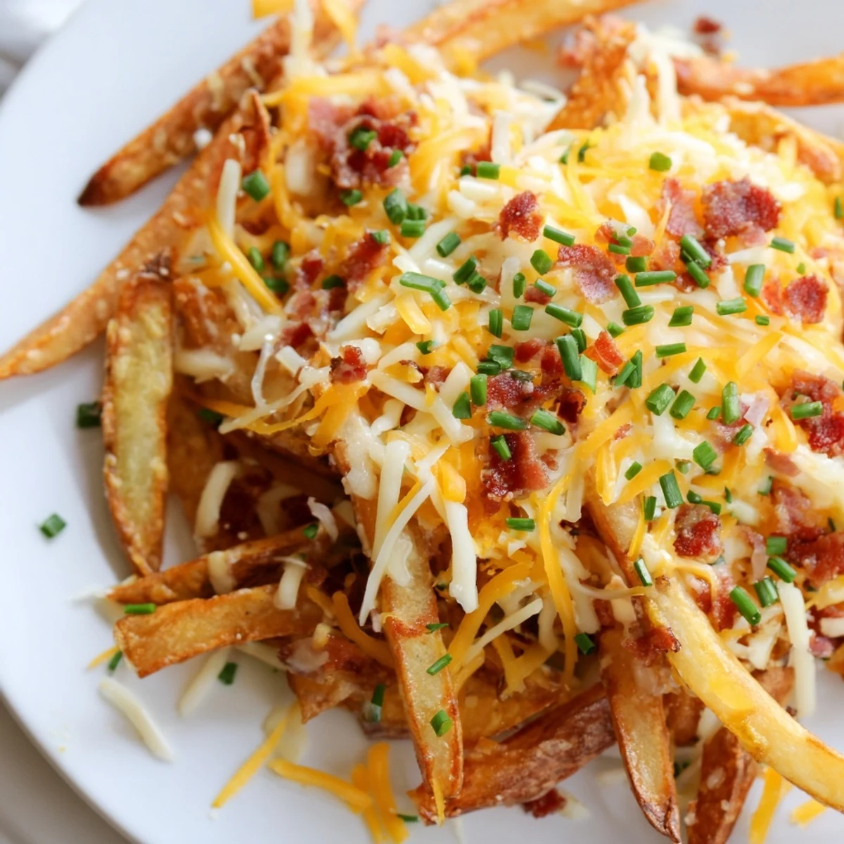 Crispy golden fries fresh from the oven, topped with bubbly cheese and savory turkey bacon bits for a snack.
