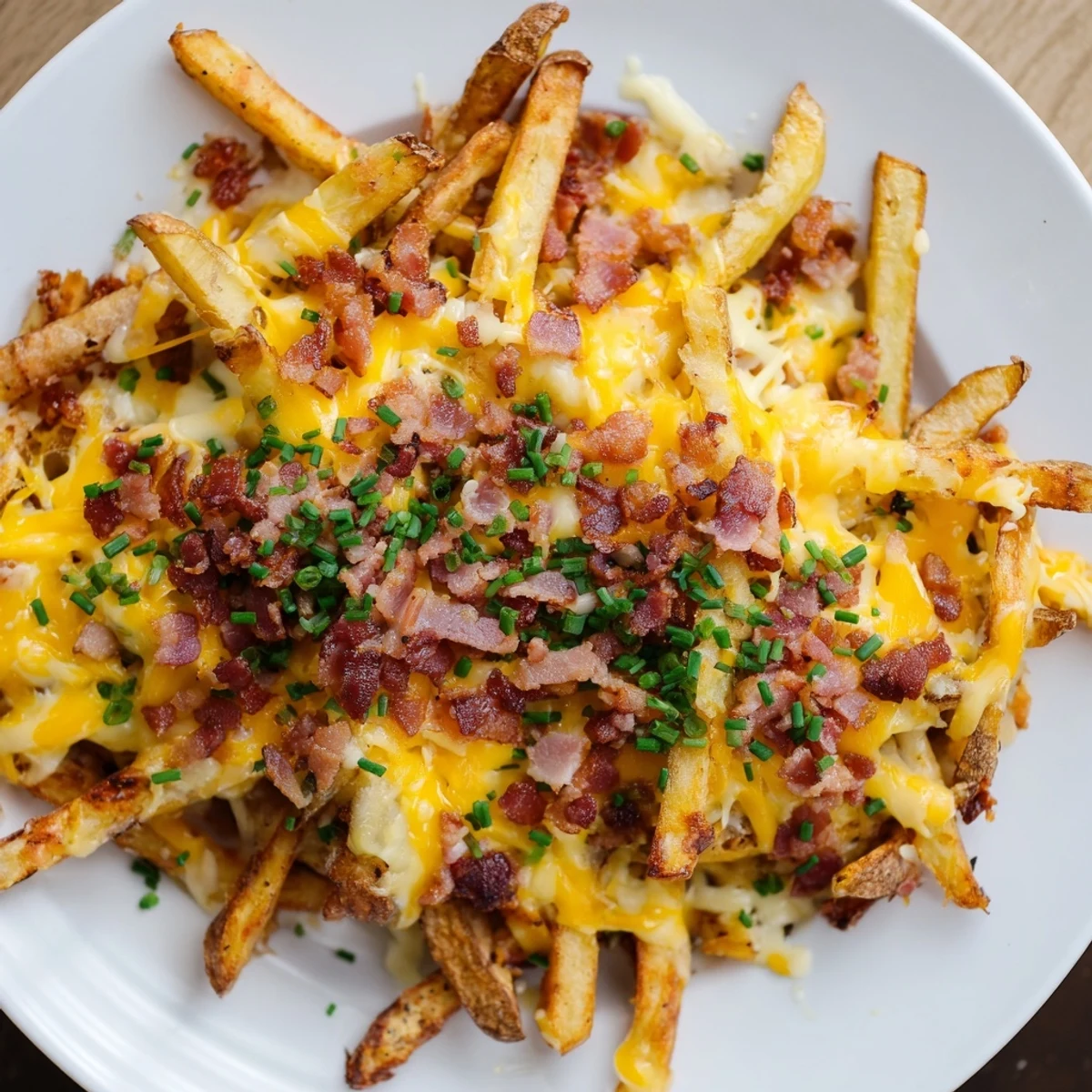 Hot cheese fries served in a rustic dish, garnished with green chives and a side of cool sour cream.