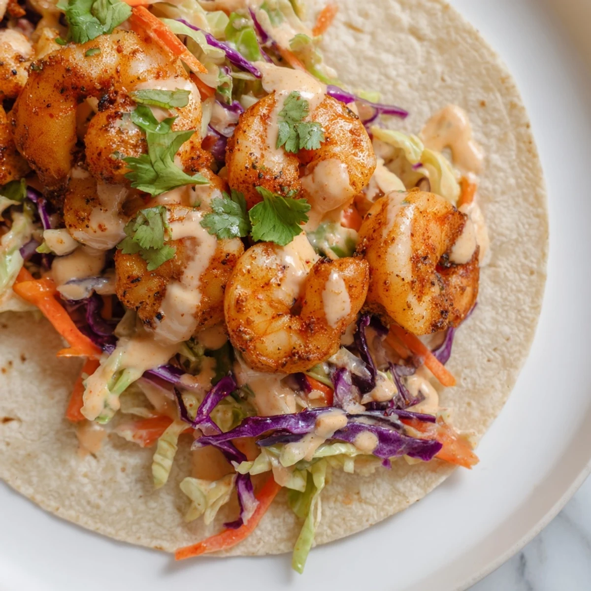 Fresh Shrimp Tacos with Cabbage Slaw and Lime topped with jalapeño slices.