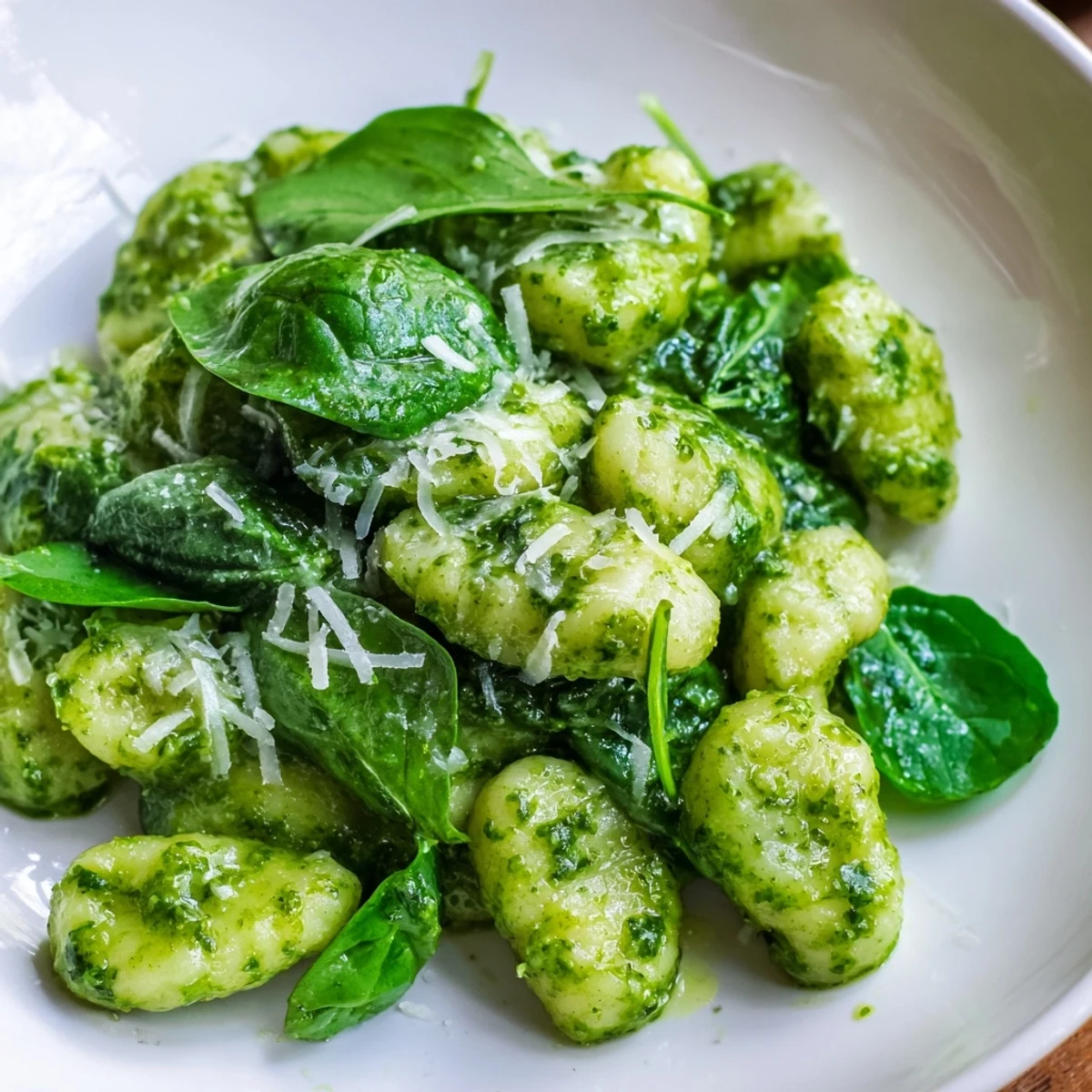 Fresh baby spinach and Pesto Gnocchi with Spinach and Parmesan served in a white bowl with a fork.