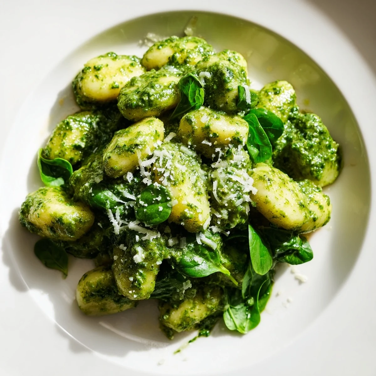 Bright green spinach and golden Pesto Gnocchi with Spinach and Parmesan are tossed in pesto.
