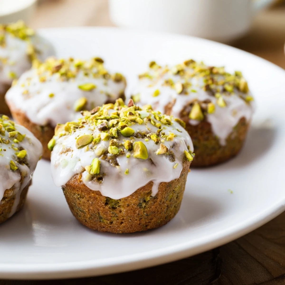 Freshly baked Pistachio Muffins with a drizzle of vanilla glaze, topped with chopped pistachios on a wire cooling rack.