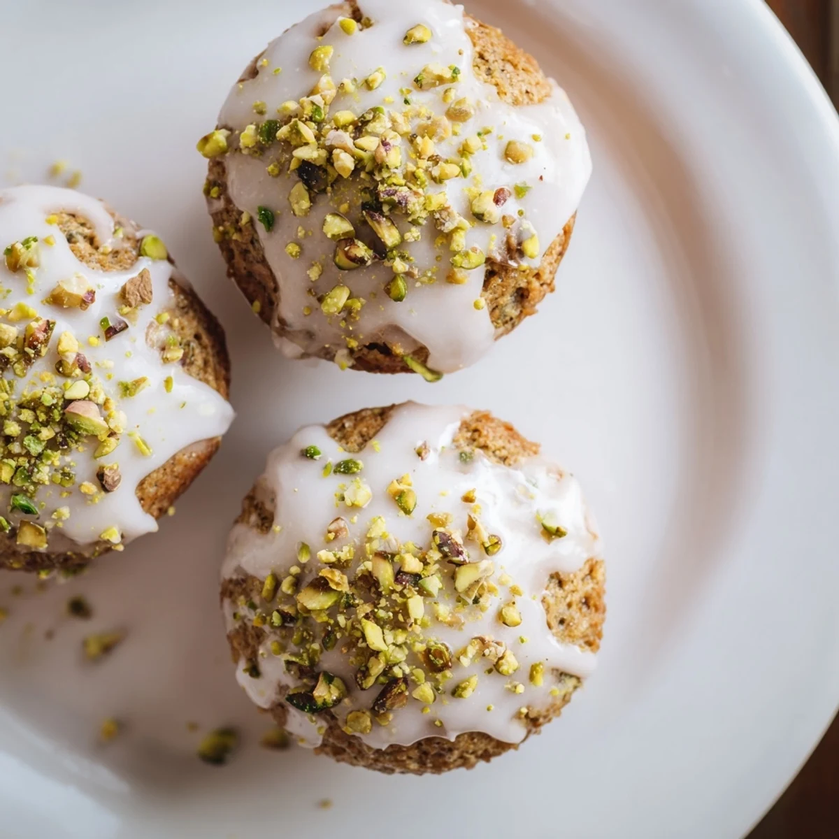 Two warm Pistachio Muffins with a glossy vanilla glaze and pistachio garnish, ideal for an afternoon dessert treat.