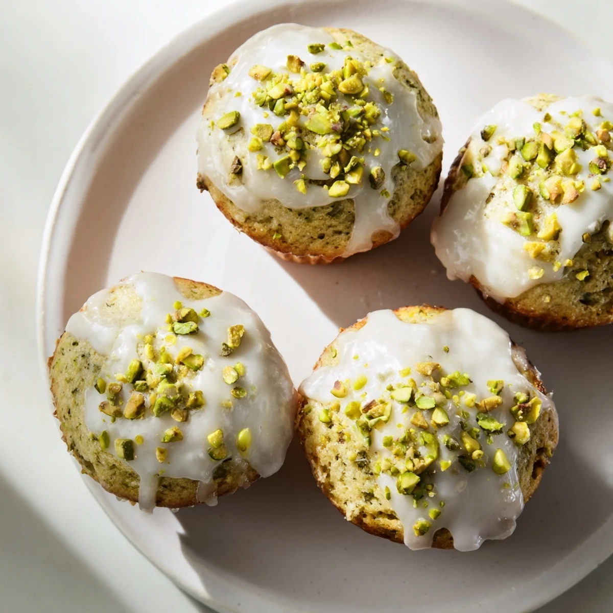 Golden-domed Pistachio Muffins with a sweet vanilla glaze, perfect for a cozy breakfast spread with coffee on a marble counter.