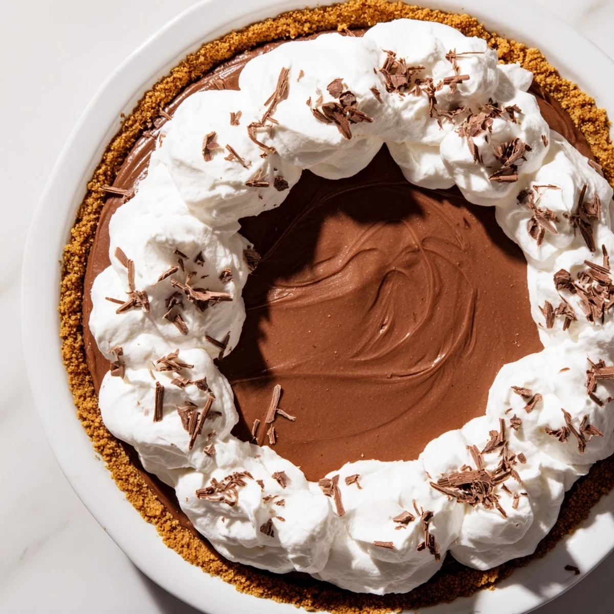 Freshly sliced Chocolate Silk Pie with Whipped Cream reveals a silky, mousse-like filling inside a dark cookie crust.
