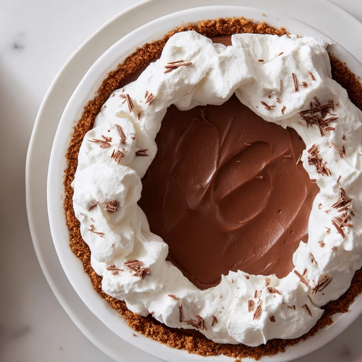 A chilled Chocolate Silk Pie with Whipped Cream topped with soft, billowy peaks sits ready to serve.