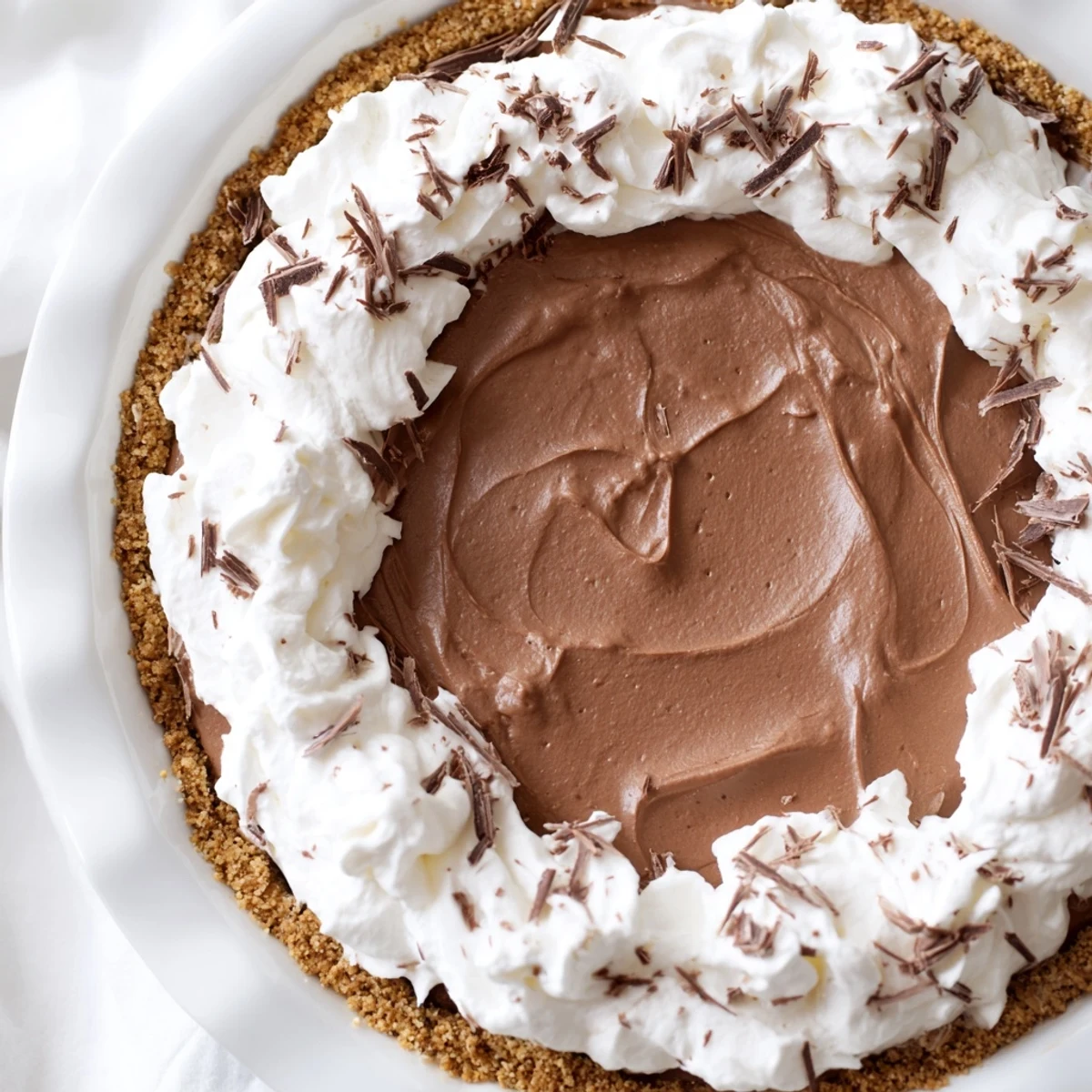 Close-up of a rich Chocolate Silk Pie with Whipped Cream garnished with chocolate shavings on a rustic plate.