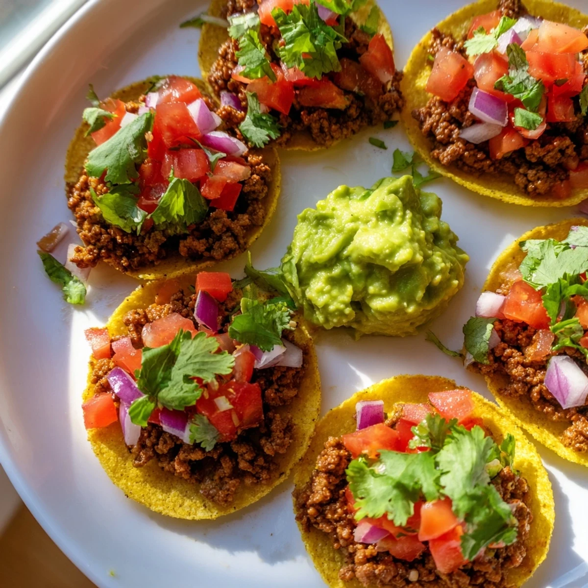 Freshly assembled Mini Tacos with Salsa and Guacamole feature warm corn tortillas filled with seasoned ground beef and vibrant toppings.