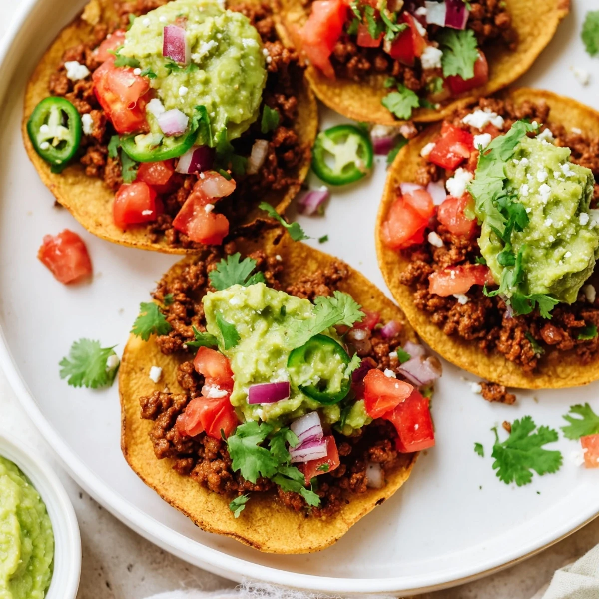 Colorful Mini Tacos with Salsa and Guacamole sit on a rustic table, garnished with cilantro and crumbled queso fresco.