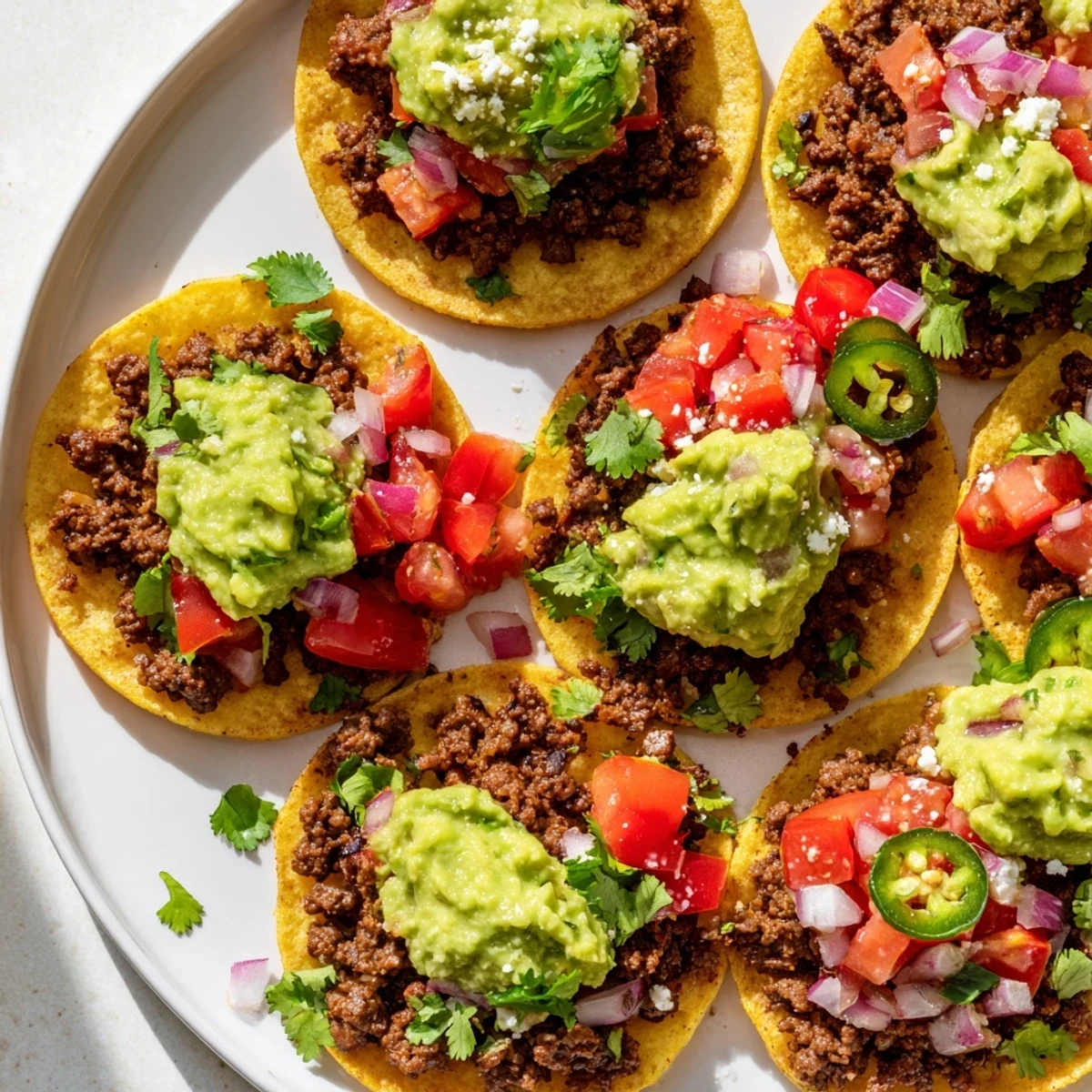 Close-up of Mini Tacos with Salsa and Guacamole showing creamy avocado texture and fresh pico de gallo on seasoned meat.