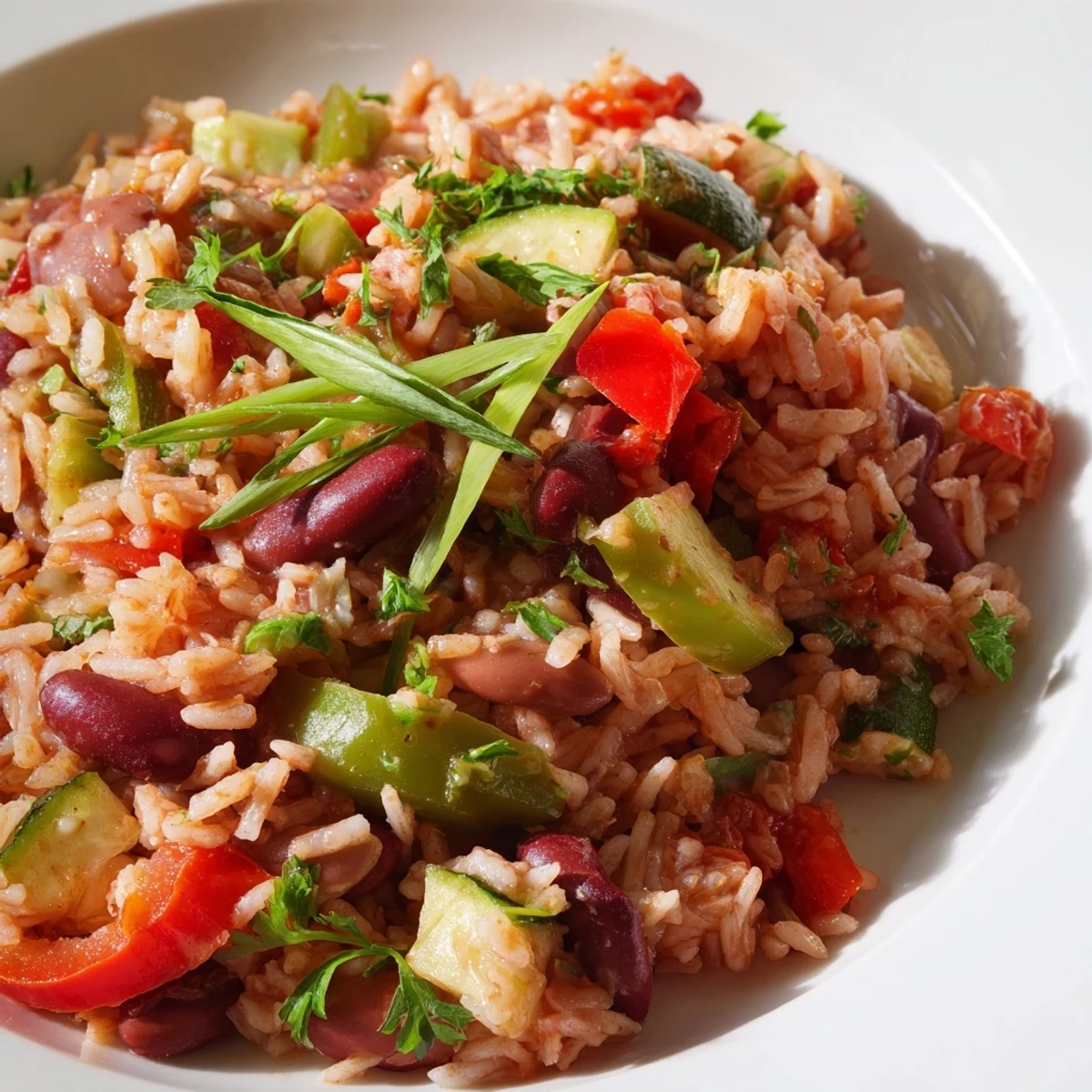Steaming Vegetable Jambalaya with Kidney Beans served in a rustic bowl, garnished with fresh parsley and lemon wedges for a bright finish.
