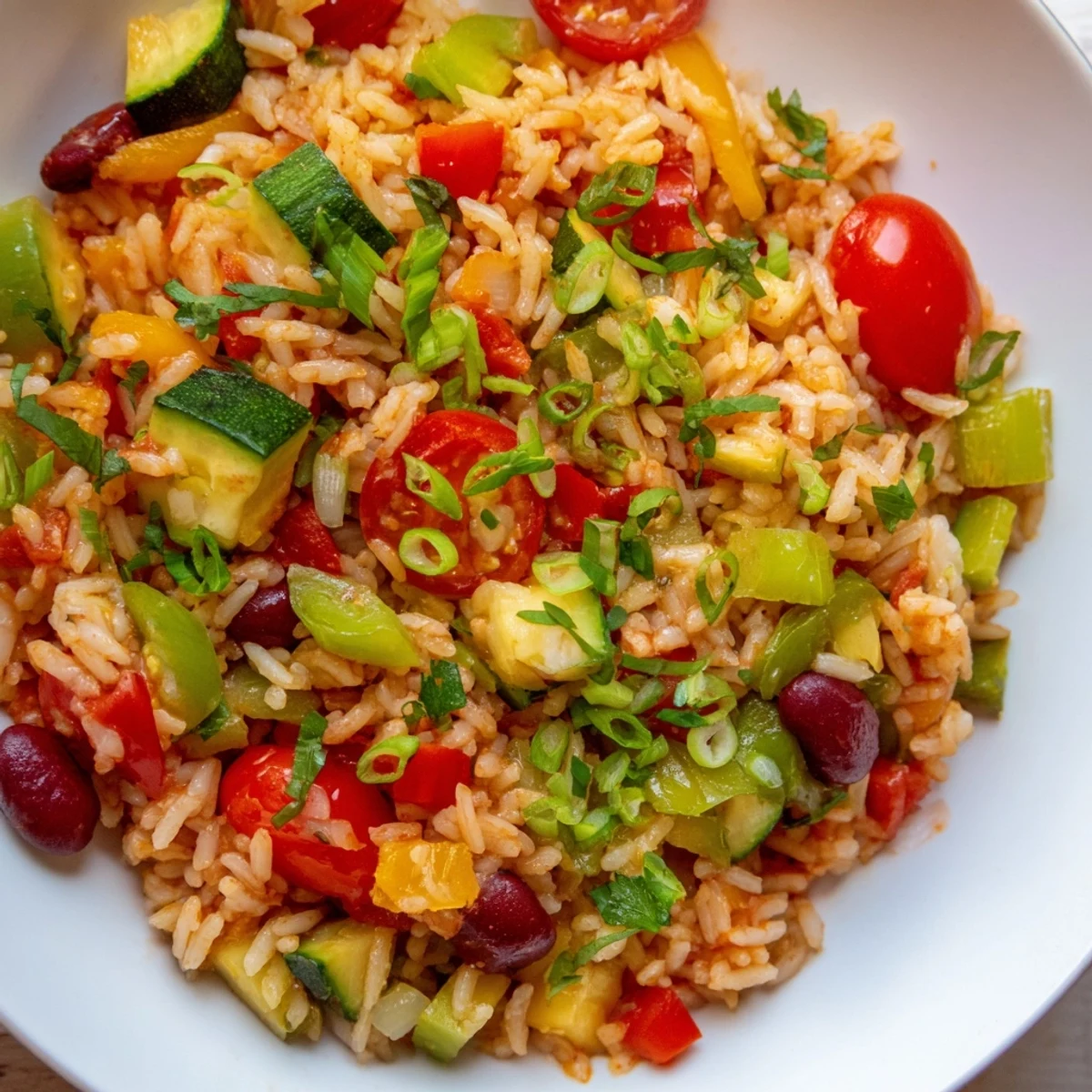 A vibrant bowl of Vegetable Jambalaya with Kidney Beans, featuring red and green bell peppers, celery, and fresh parsley garnish.