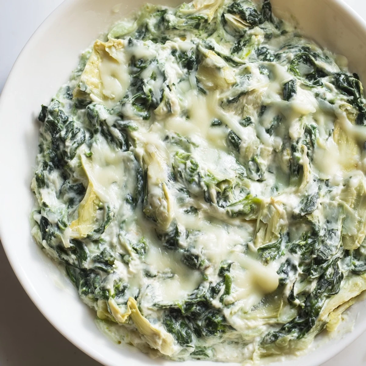 Creamy Spinach and Artichoke Dip baked golden and bubbly, served warm with toasted bread and fresh vegetable sticks.