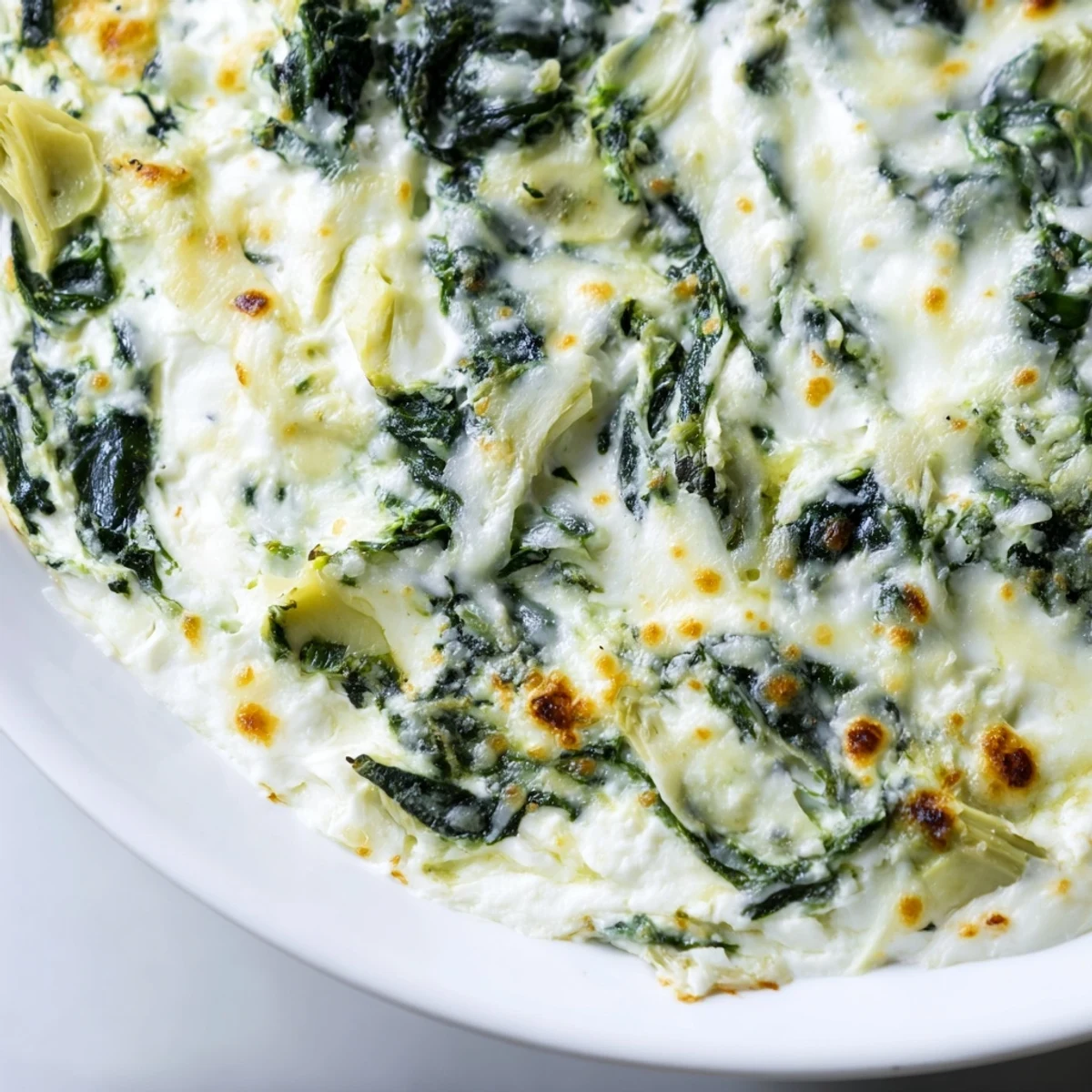 Homemade Creamy Spinach and Artichoke Dip with tender spinach and chopped artichokes, paired with gluten-free crackers for dipping.
