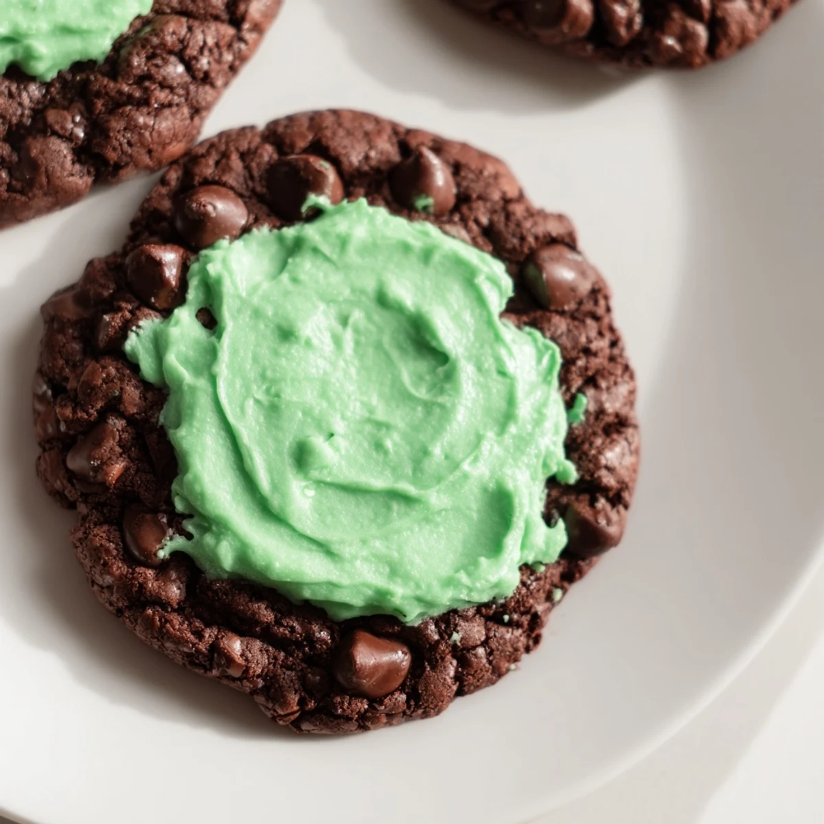 Chocolate mint cookies with green frosting arranged on a white plate, ready to serve as festive holiday treats.