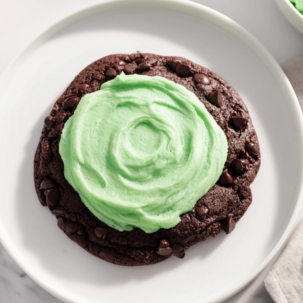 Stack of rich fudgy chocolate mint cookies topped with vibrant green frosting, perfect for Christmas dessert platters.