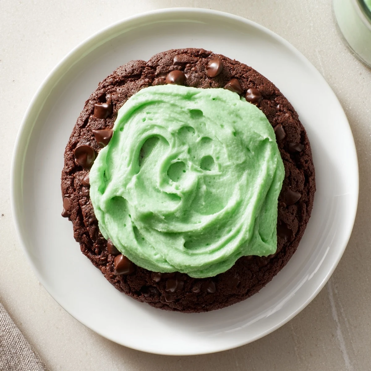 Frosted chocolate mint cookies cooling on a wire rack, their glossy green frosting catching the light in a cozy kitchen.