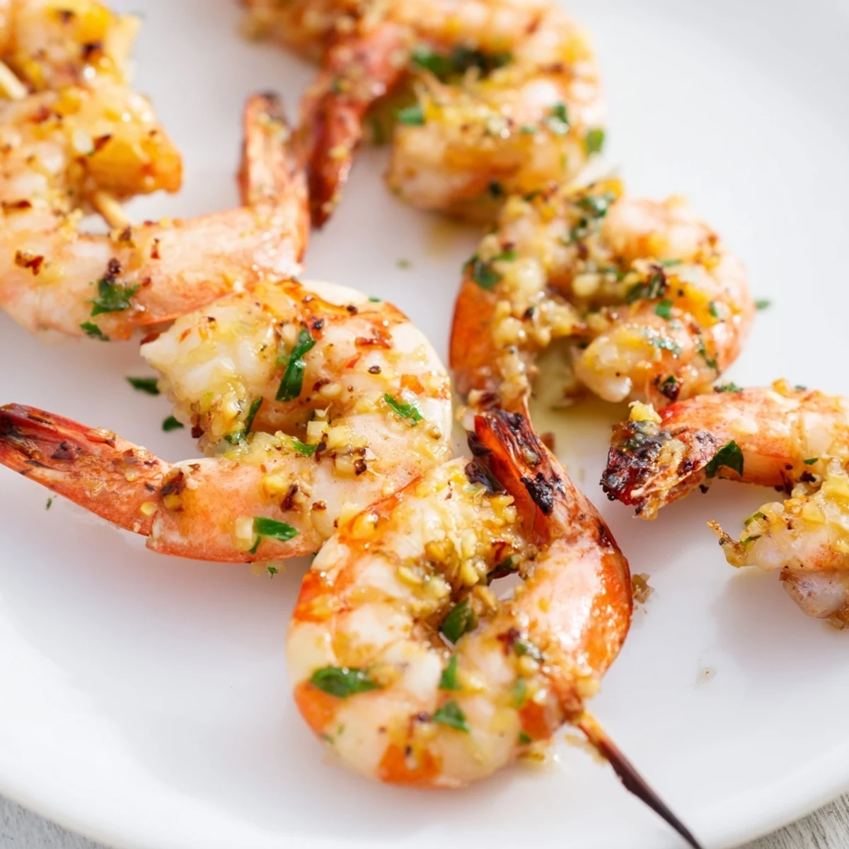 Golden Lemon Garlic Shrimp Skewers arranged on a white platter, ready to serve with lemon wedges.